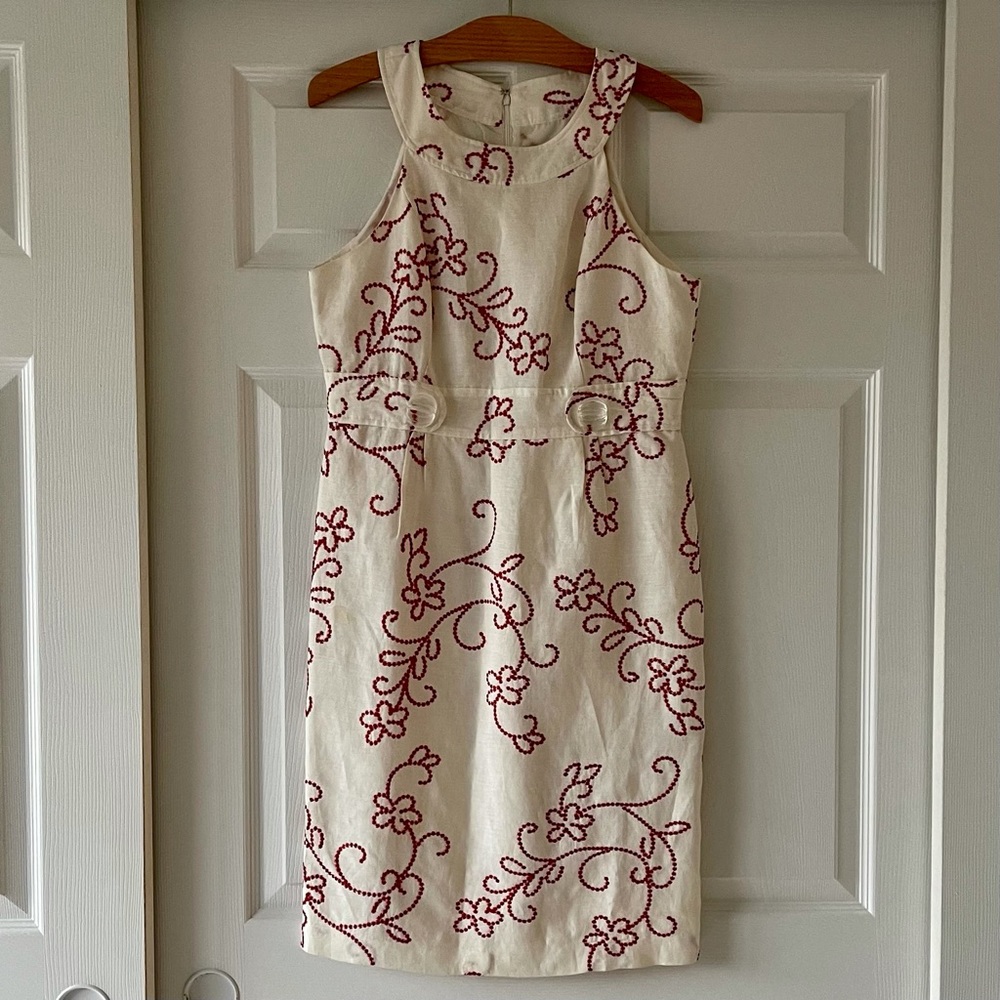Willow Glenn NY Sleeveless Round Neck Red & Ivory Embroidered Midi Dress 8 (W)